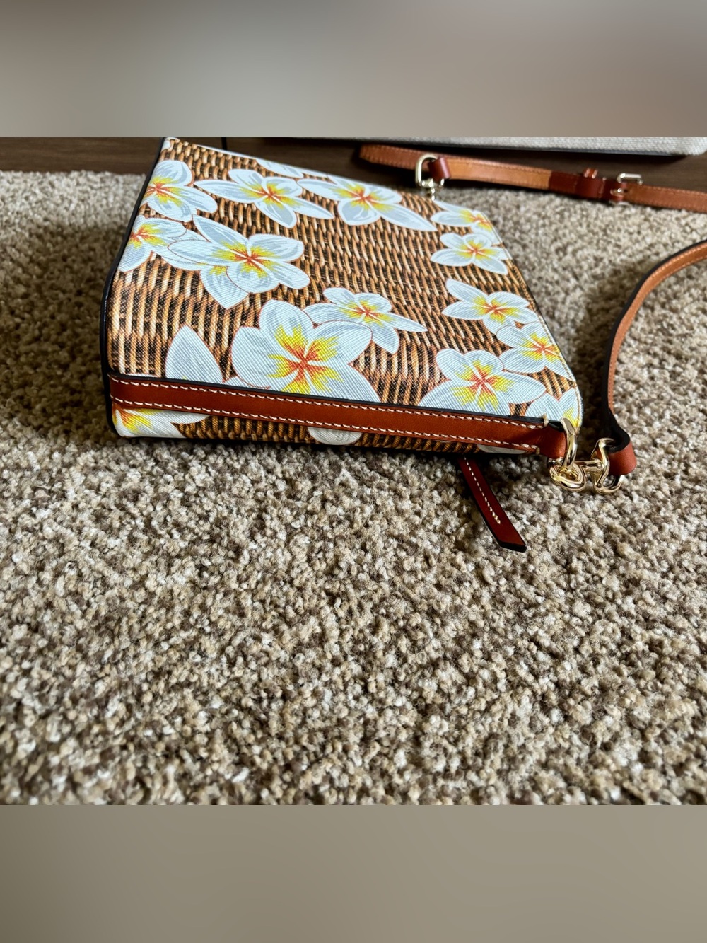 Dooney & Bourke Brown Wicker Print Floral Crossbody Plumeria - Picture 3 of 12
